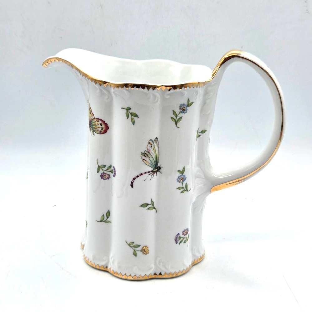 I. Godinger Pitcher Primavera Floral Butterfly and Dragonfly Porcelain Gold Gild